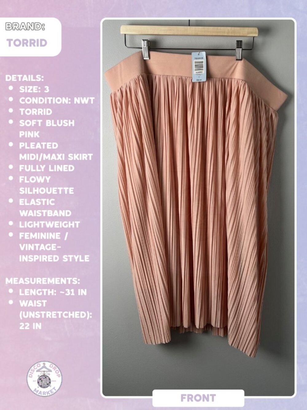 Pink Pleated Midi Skirt | Torrid Size 3 NWT